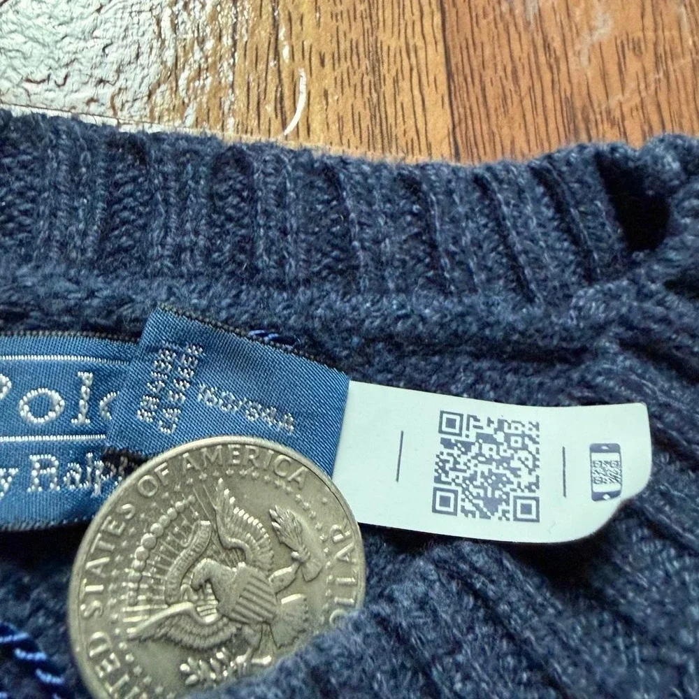 Polo Ralph Lauren Blue Vtg USA American Flag Polo Bear Knit Sweater Small FLAW